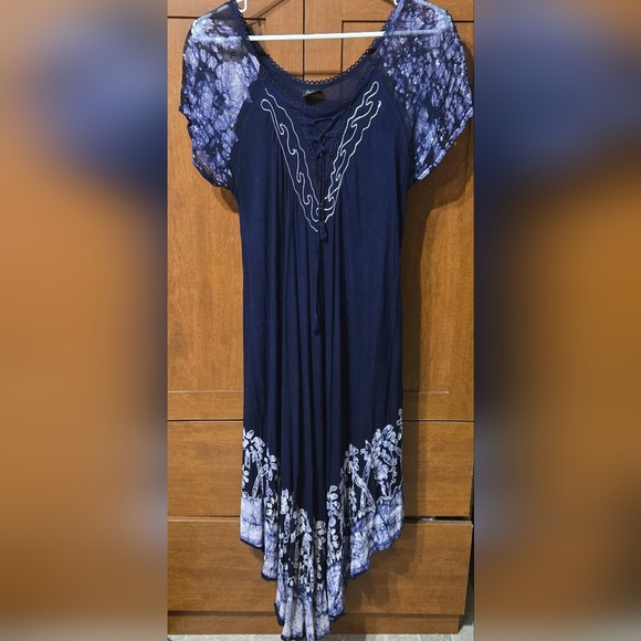 Blue and White Embellished Maxi Dress with Puff Sleeves - Picture 1 of 3
